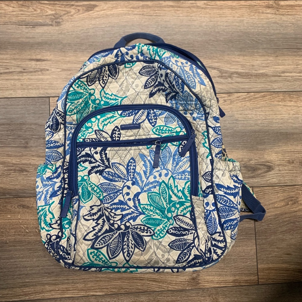 Santiago print. Vera Bradley backpack. Fits up to a 15” laptop. Suitcase strap.